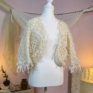 IVORY SHAGGY FEATHERED CROPPED CARDIGAN BOLERO